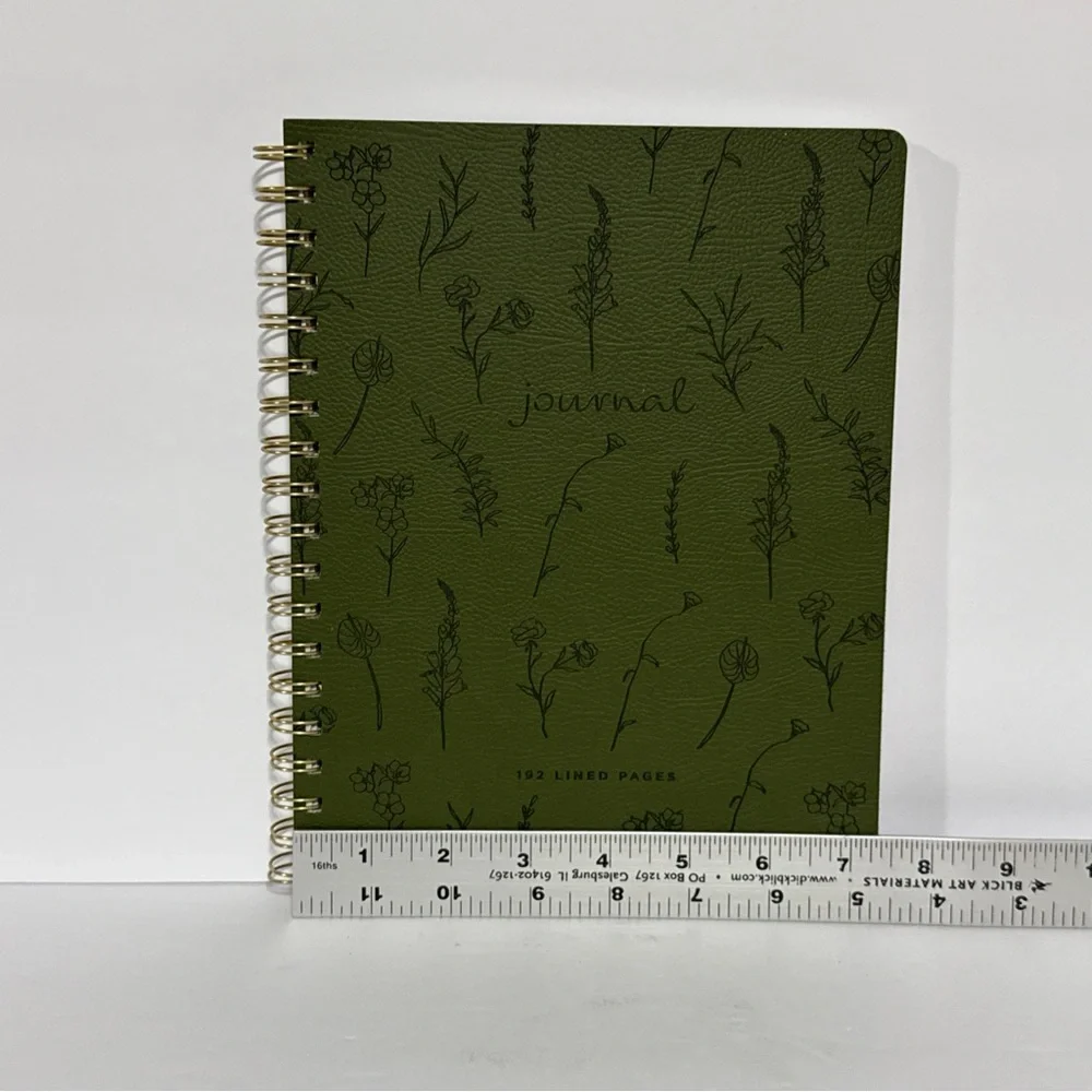 Green Faux Leather Floral Journal with Gold Spiral Binding 192 pages